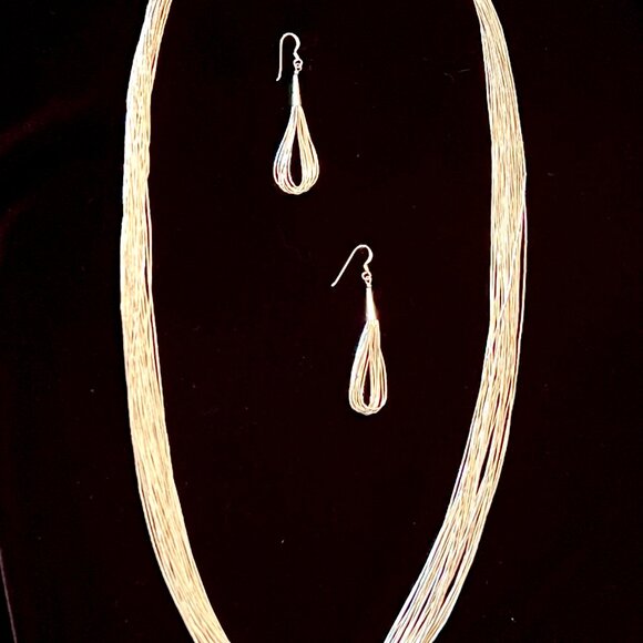 Native American Vintage Sterling 30 Strand Liquid Silver Necklace & Earrings Set - Picture 4 of 4
